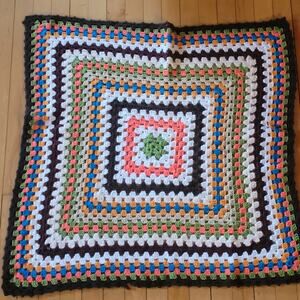 Vintage Granny Square Crochet Throw Blanket Multicolor 70s‑80s Retro Lap Blanket